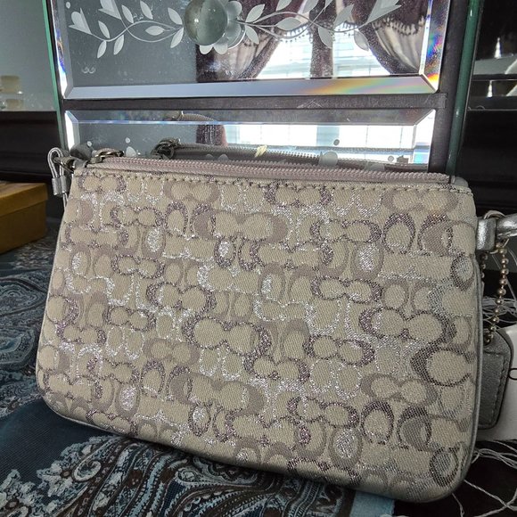 Coach Handbags - COACH Signature Logo Metallic Silver & Gray Wristlet Purse NWT